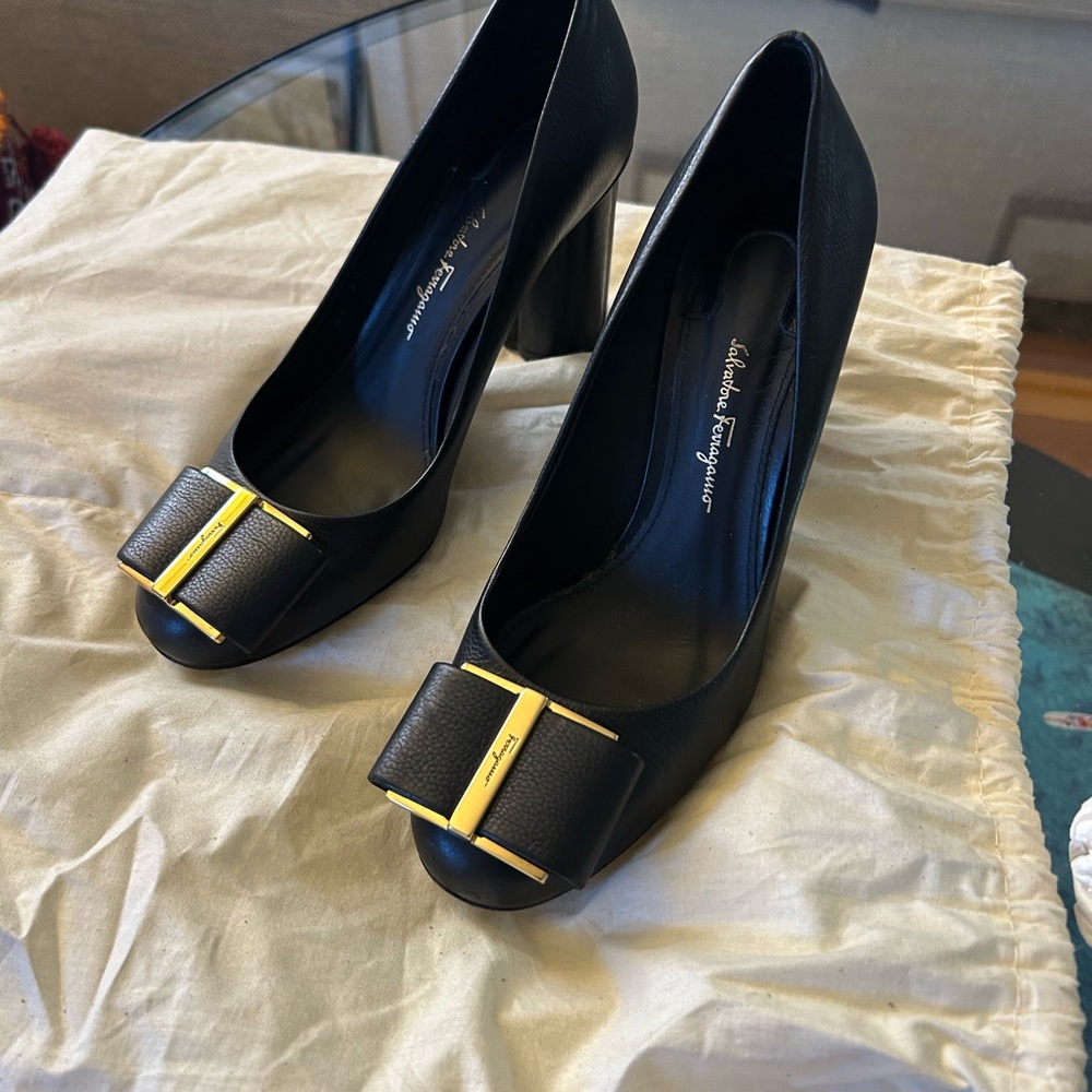 Salvatore Ferragamo Black Heels with Gold Bow Detail